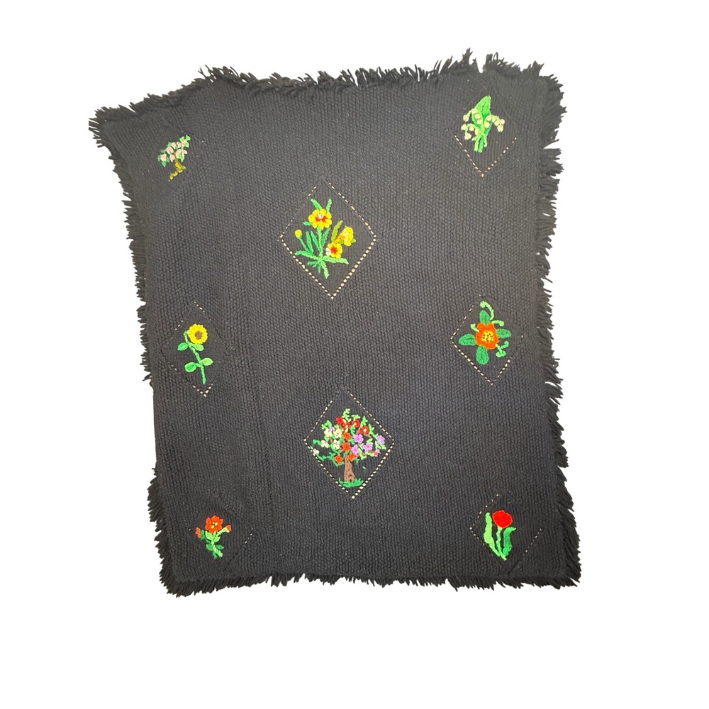 Vintage Handmade Black Knit Floral Embroidered Fringe Baby Blanket Throw 34x42